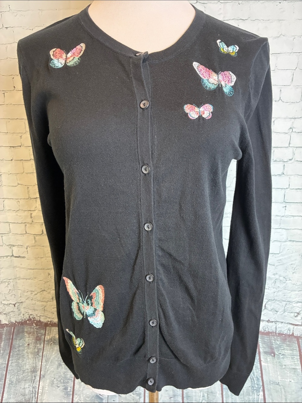 Ann Taylor Black Butterfly Embroidered Cardigan M Office Layering Workwear